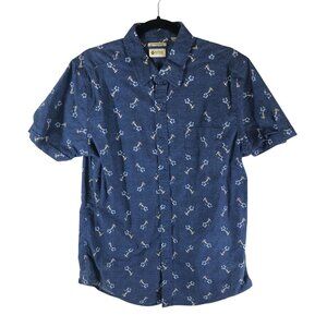 Haggar Mens Button Down Shirt Hawaiian Floral Sailor Girl Stretch Blue L